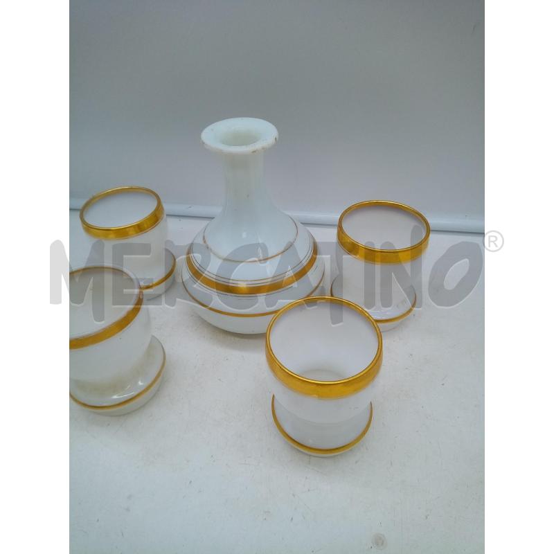 SET BITTIGLAI E BICCHIERE OPALINE BIANCO B ORO | Mercatino dell'Usato Roma porta maggiore 2