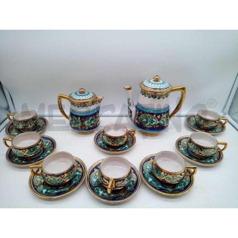 SET CAFFÈ CERAMICA DERUTA SANTARELLI FOGLIE DORATE FONDO AZZURRO | Mercatino dell'Usato Roma porta maggiore 1