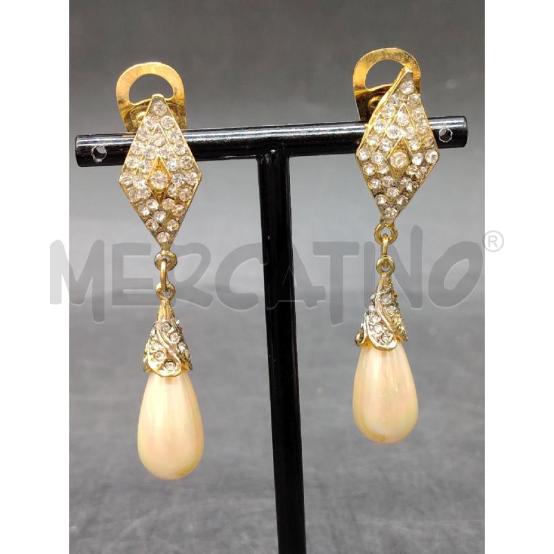 ORECCHINI CINTAGE CLIP PENDENTI ROMBO BRILL PERLA ALLUNGATA  | Mercatino dell'Usato Roma eur 2