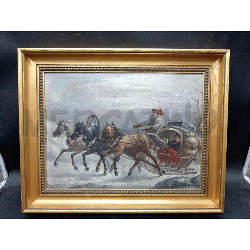 QUADRO OLIO SU RAME CARRO UOMO SU NEVE  | Mercatino dell'Usato Roma eur 1