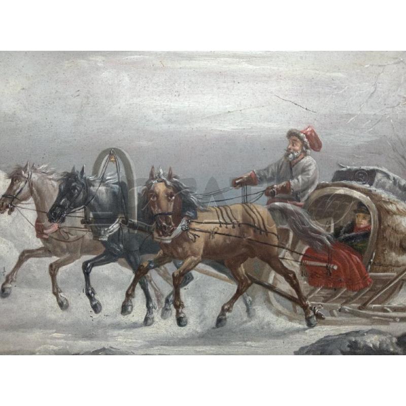 QUADRO OLIO SU RAME CARRO UOMO SU NEVE  | Mercatino dell'Usato Roma eur 2