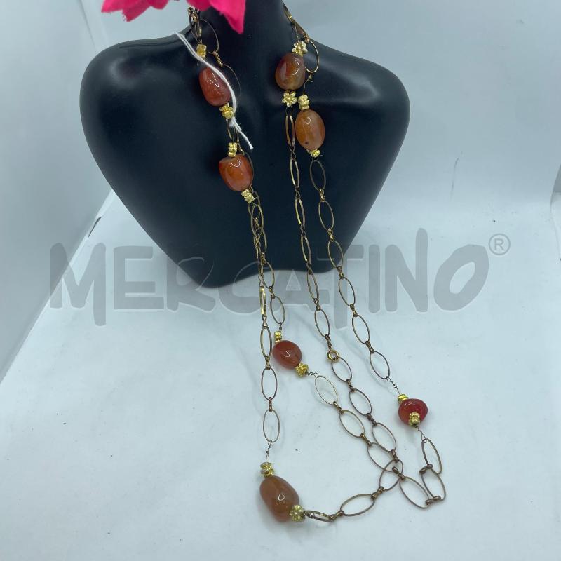 COLLANA LUNGA DORATA OVALI PIETRA CORNIOLA  | Mercatino dell'Usato Colleferro 1