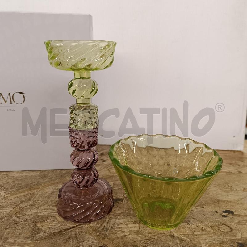 PORTA CANDELA FIRMATA EMO IN VETRO VERDE E VIOLA | Mercatino dell'Usato Colleferro 3