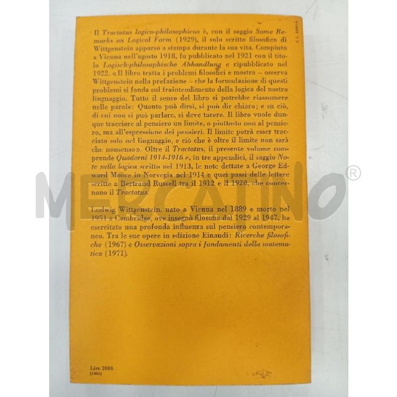 EINAUDI WITTGENSTEIN TRACTATUS LOGICUS-PHILOSOPHICUS | Mercatino dell'Usato Roma viale tirreno 2