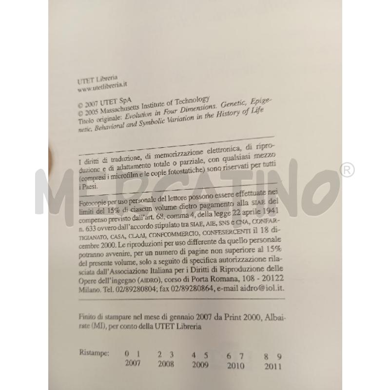 JABLONKA L'EVOLUZIONE IN QUATTRO DIMENSIONI | Mercatino dell'Usato Roma viale tirreno 2
