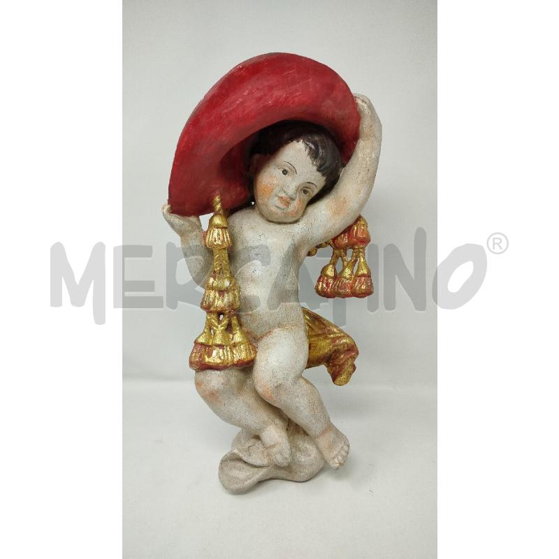 SCULTURA LEGNO GESSATO PUTTO CAPPELLO ROSSO  | Mercatino dell'Usato Roma cinecitta' 1