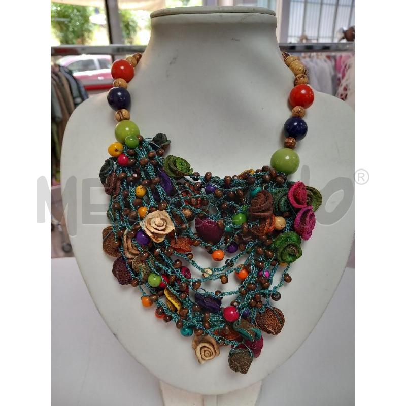 COLLANA ARTIGIANALE COLOMBIANA TAGUA AVORIO NATURALE VIOLA VERDE | Mercatino dell'Usato Roma porta di roma 1
