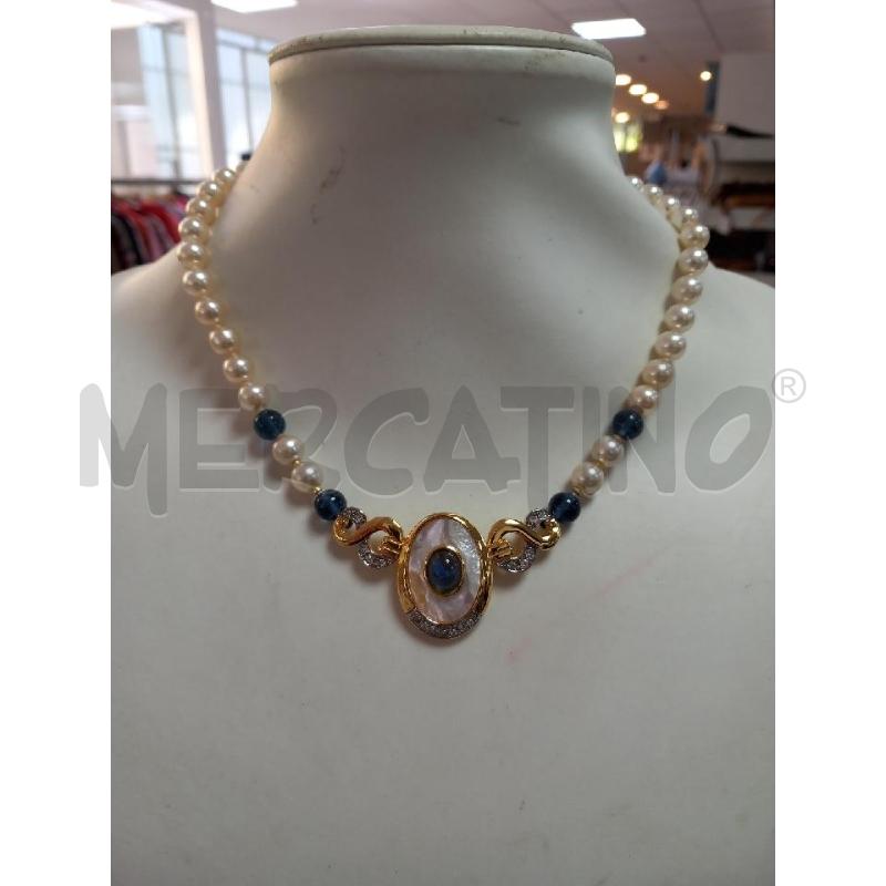 COLLANA PERLE CIONDOLO DORATO MADREPERLA VETRO BLU | Mercatino dell'Usato Roma porta di roma 1