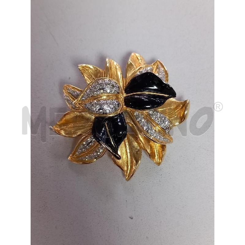 SPILLA VALENTINO FIORE DORATO SMALTO NERO STRASS | Mercatino dell'Usato Roma porta di roma 1