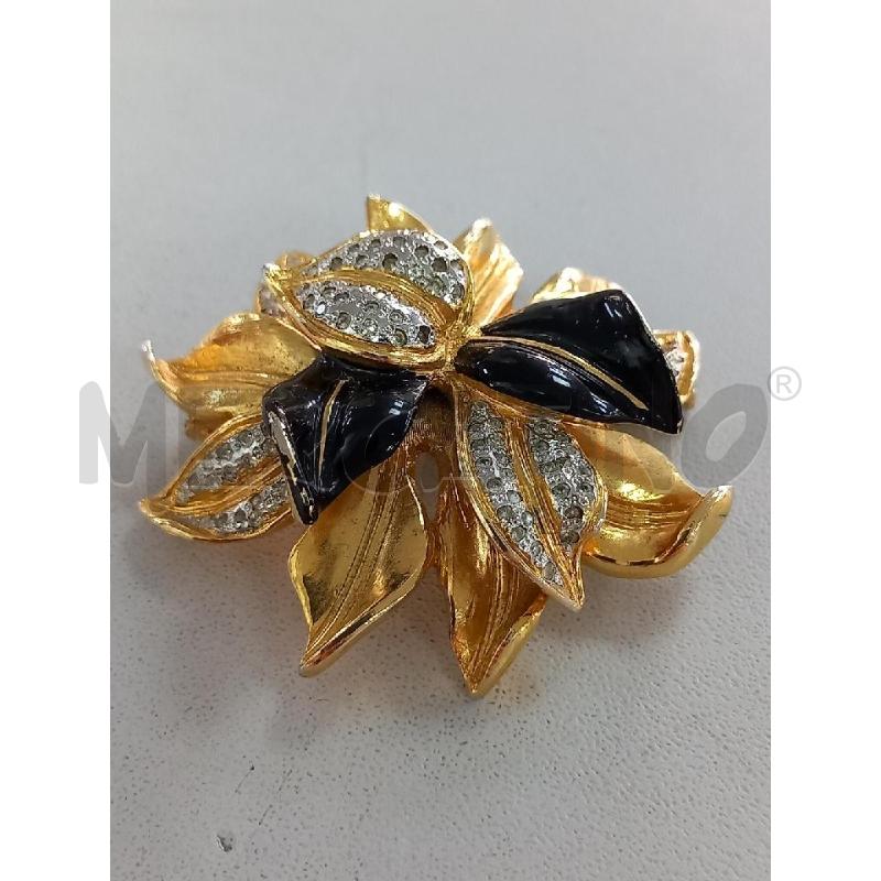 SPILLA VALENTINO FIORE DORATO SMALTO NERO STRASS | Mercatino dell'Usato Roma porta di roma 2