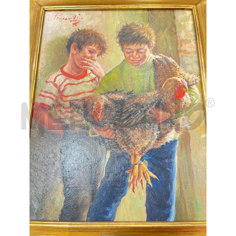 QUADRO  PASQUARELLI 2 BAMBINI  CON GALLINE | Mercatino dell'Usato Roma somalia 2