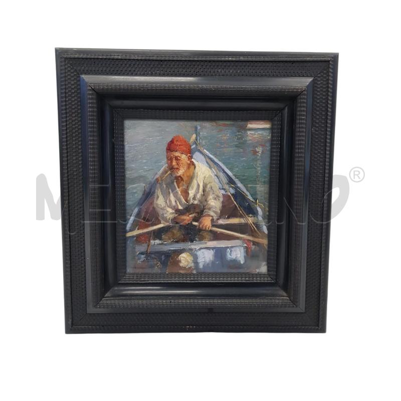 QUADRO 23.5X22 LASTRA METALLICA PESCATORE SCUOLA NAPOLETANA CORNICE GUILLOCHE | Mercatino dell'Usato Civitavecchia 1