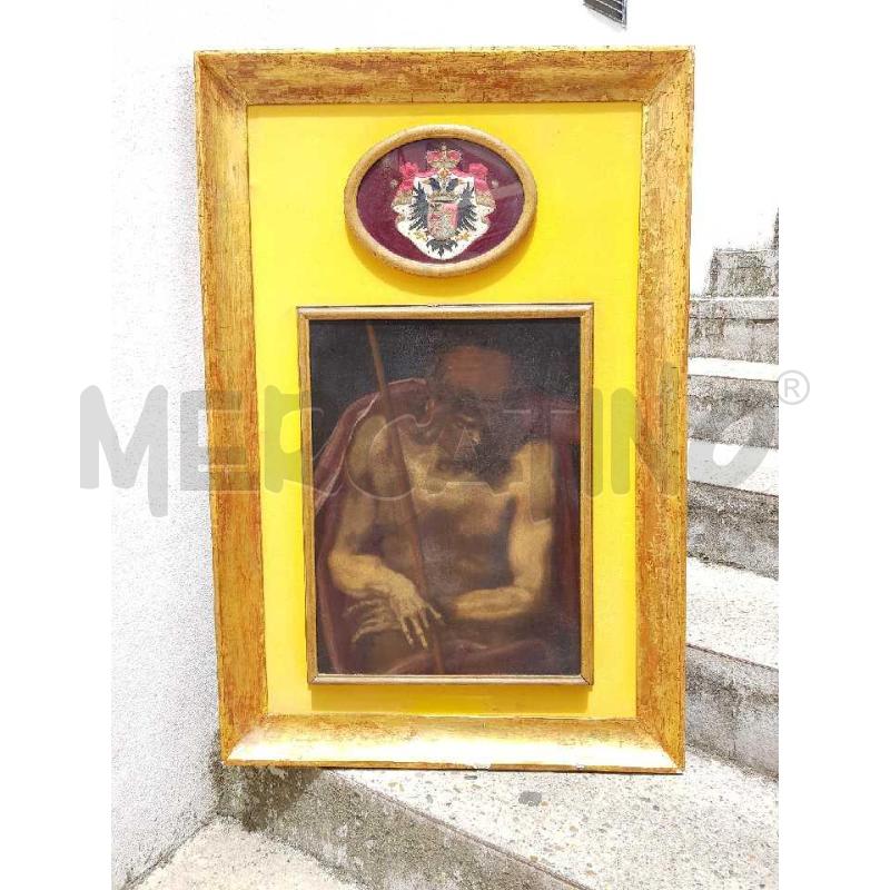 QUADRO ECCE HOMO 38X51 SU LEGNO+STEMMA RICAMATO | Mercatino dell'Usato Civitavecchia 1