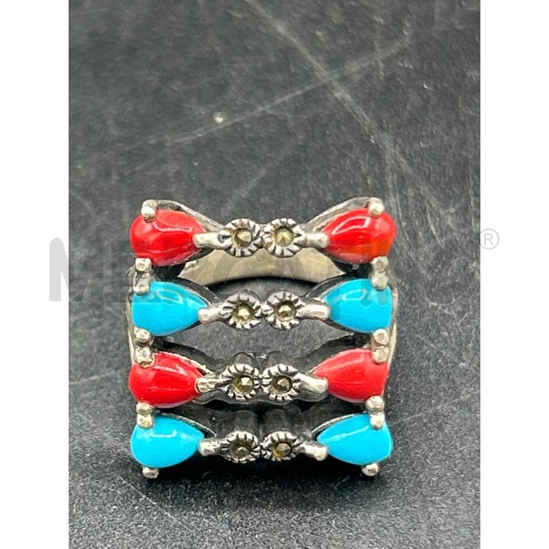 ANELLO DONNA ARG 4 FILE PIETRE CELESTE/ROSSO  | Mercatino dell'Usato Roma rebibbia 1