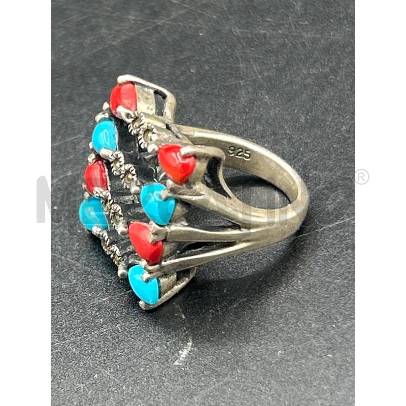 ANELLO DONNA ARG 4 FILE PIETRE CELESTE/ROSSO  | Mercatino dell'Usato Roma rebibbia 2