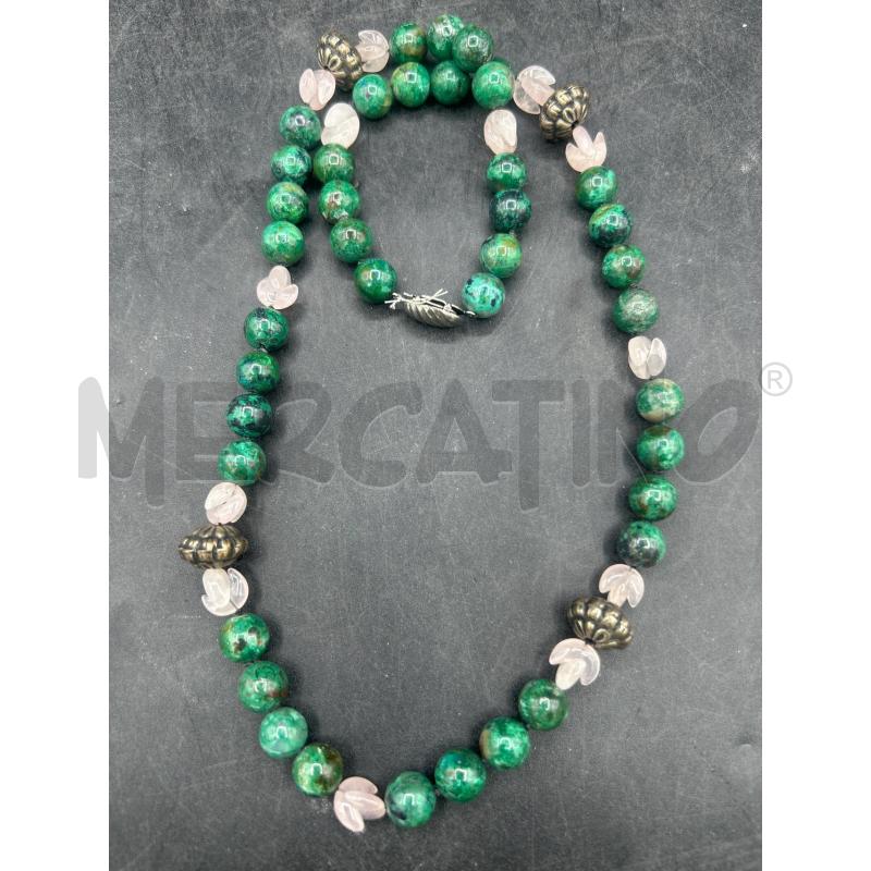 COLLANA SFERE MALACHITE QUARZO ROSA  | Mercatino dell'Usato Roma rebibbia 1