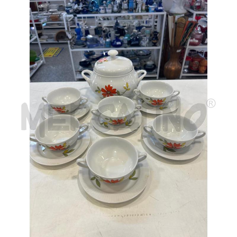 CONSOMME CERAM BIANCA FIORE ARANCIO SCHERZER 6PZ+ZUPPIERA | Mercatino dell'Usato Roma rebibbia 1