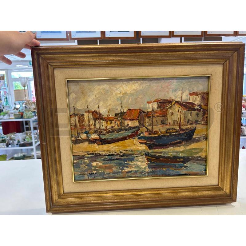 DIPINTO TEMPERA BARCHE SPIAGGIA FIRMA GREGO C DOR 57X47 | Mercatino dell'Usato Roma rebibbia 1