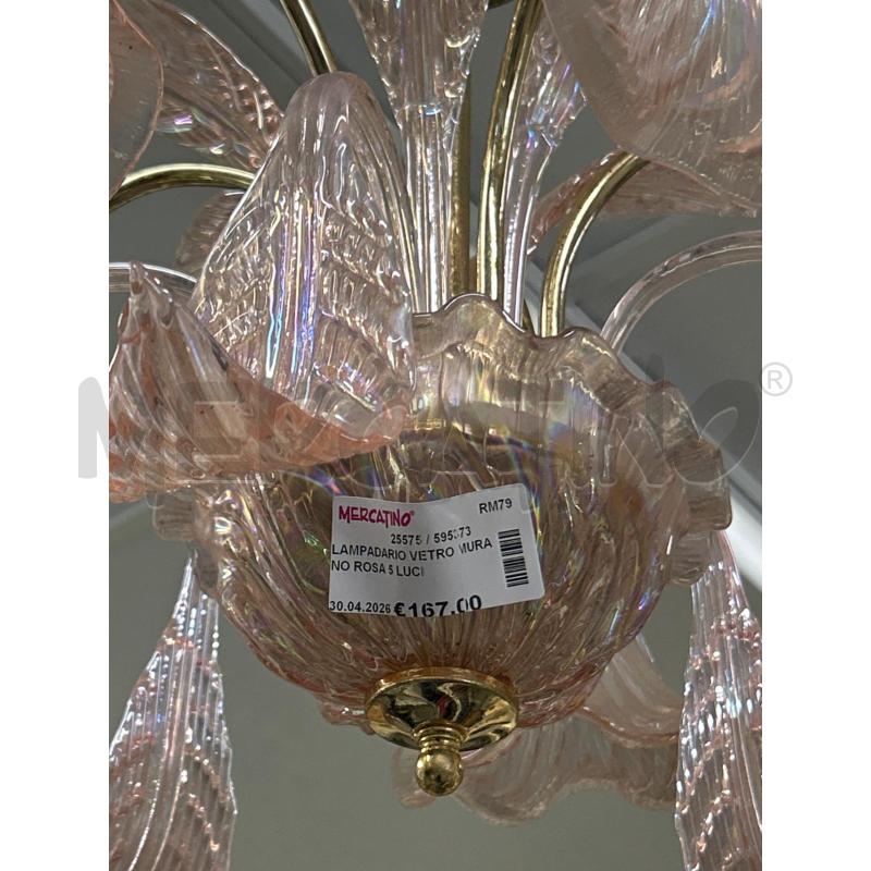 LAMPADARIO VETRO MURANO ROSA 5 LUCI | Mercatino dell'Usato Roma rebibbia 2