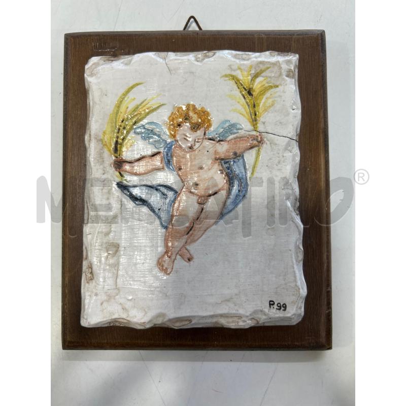 MAIOLICA PUTTO DIPINTO P99 BASE LEGNO 15X18 | Mercatino dell'Usato Roma rebibbia 1
