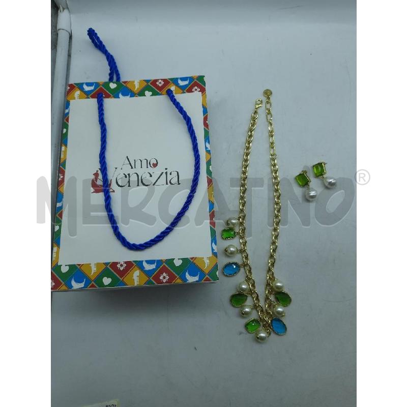 PARURE AMO VENEZIA CATENA DORATA PEND PERLE/PIETRE AZZURRE/VERDI GOCCIA+ORECCHINI  | Mercatino dell'Usato Roma rebibbia 1