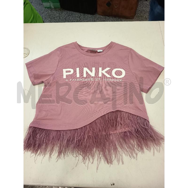 T SHIRT DONNA PINKO ROSA SCRITTA BIANCA PIUME  | Mercatino dell'Usato Roma rebibbia 1