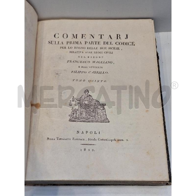 FRANCESCO MAGLIANO COMENTARJ SULLA PRIMA PARTE DEL CODICE PER LO REGNO DELLE DUE SICILIE VOL 5 1822 | Mercatino dell'Usato Roma re di roma 1