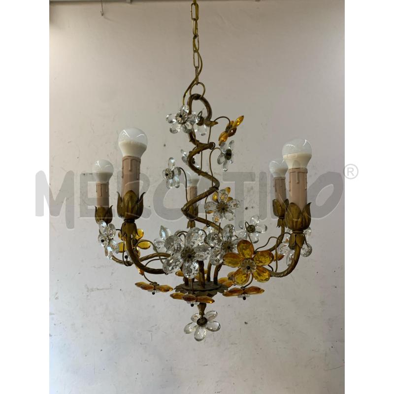 LAMPADARIO 5 LUCI FIORI VETRO MURANO ARANCIO TRASPARENTI STRUTTURA OTTONE  | Mercatino dell'Usato Roma re di roma 1