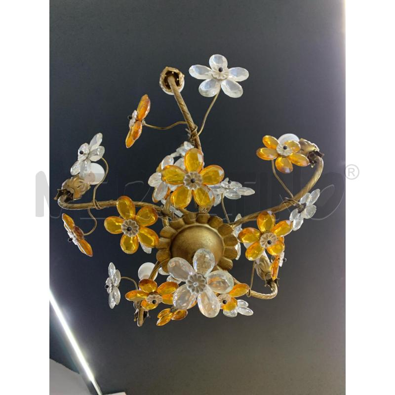 LAMPADARIO 5 LUCI FIORI VETRO MURANO ARANCIO TRASPARENTI STRUTTURA OTTONE  | Mercatino dell'Usato Roma re di roma 2