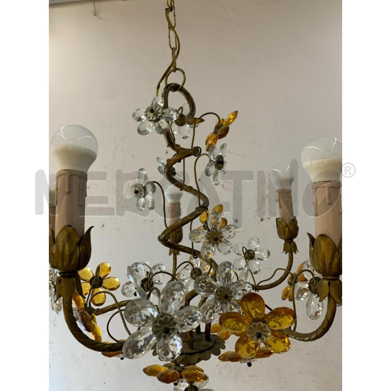 LAMPADARIO 5 LUCI FIORI VETRO MURANO ARANCIO TRASPARENTI STRUTTURA OTTONE  | Mercatino dell'Usato Roma re di roma 4