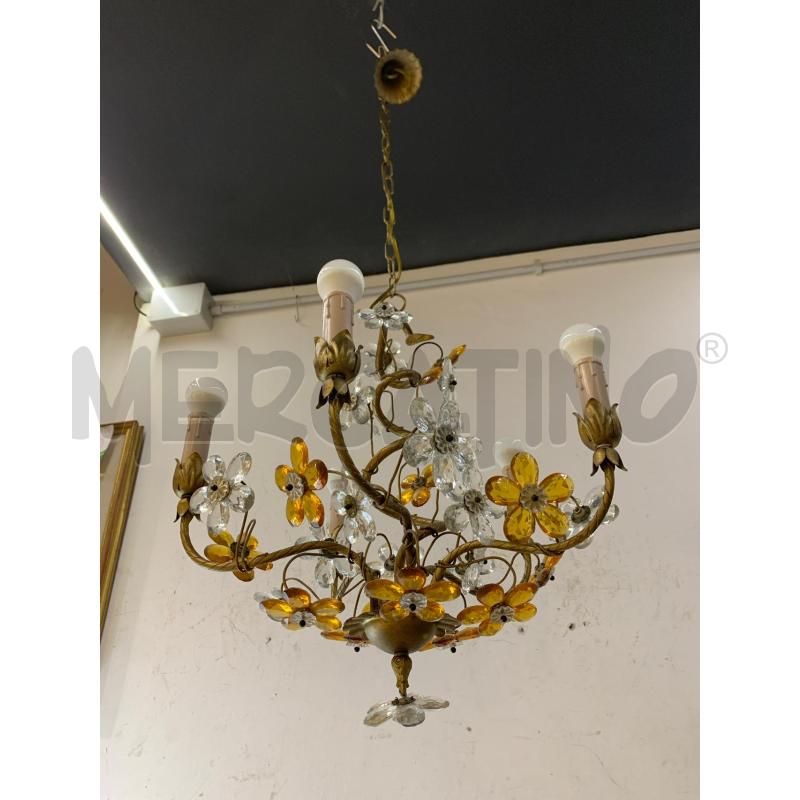 LAMPADARIO 5 LUCI FIORI VETRO MURANO ARANCIO TRASPARENTI STRUTTURA OTTONE  | Mercatino dell'Usato Roma re di roma 5