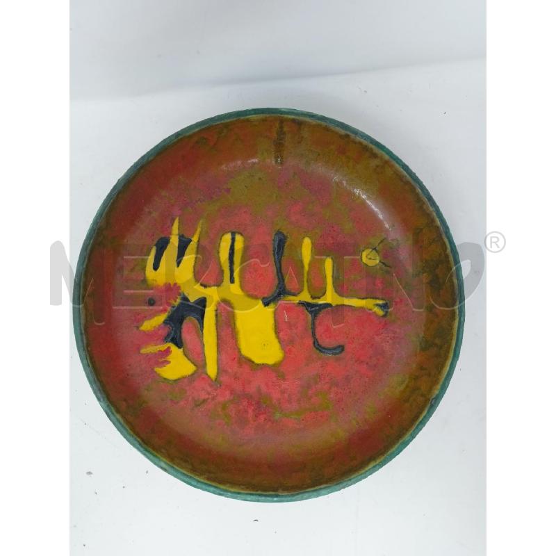 PIATTO CERAMICA FONDO ARANCIONE COLATURE GIALLE NERE B VERDE | Mercatino dell'Usato Roma re di roma 1