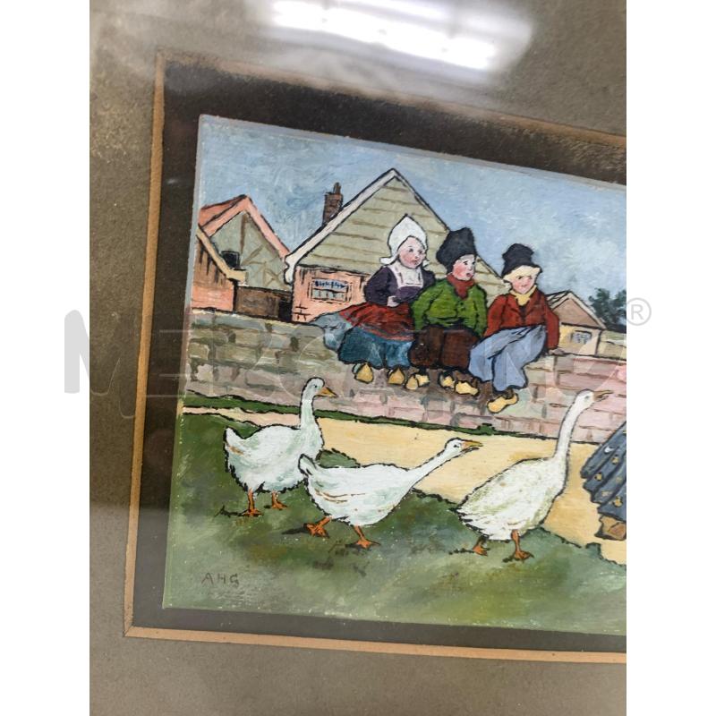 QUADRETTO OLIO CARTONE BIMBI OLANDESI OCHE CORNICE LEGNO DOERATA | Mercatino dell'Usato Roma re di roma 3