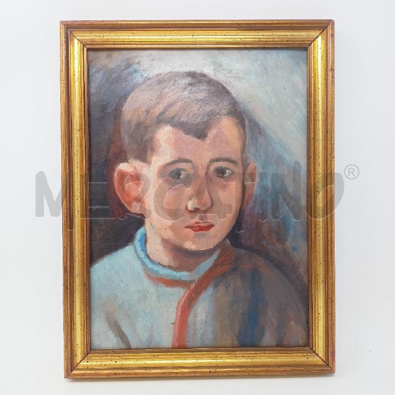 QUADRETTO OLIO TELA RITRATTO BAMBINO MAGLIA AZZURRA DEC ROSSO CORNICE LEGNO DORATO | Mercatino dell'Usato Roma re di roma 1
