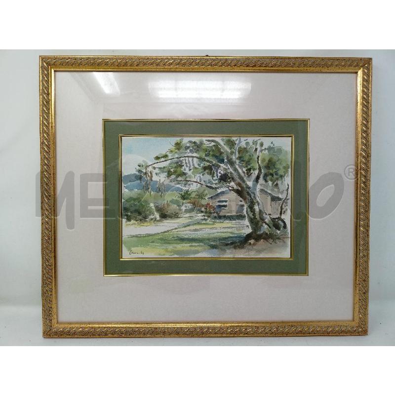 QUADRO ACQUERELLO ALBERO CASETTA PASS VERDE CORNICE LEGNO DORATA | Mercatino dell'Usato Roma re di roma 1