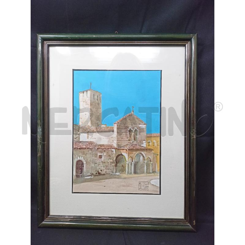 QUADRO ACQUERELLO CHIESA TORRE CORNICE LEGNO VERDE  | Mercatino dell'Usato Roma re di roma 1