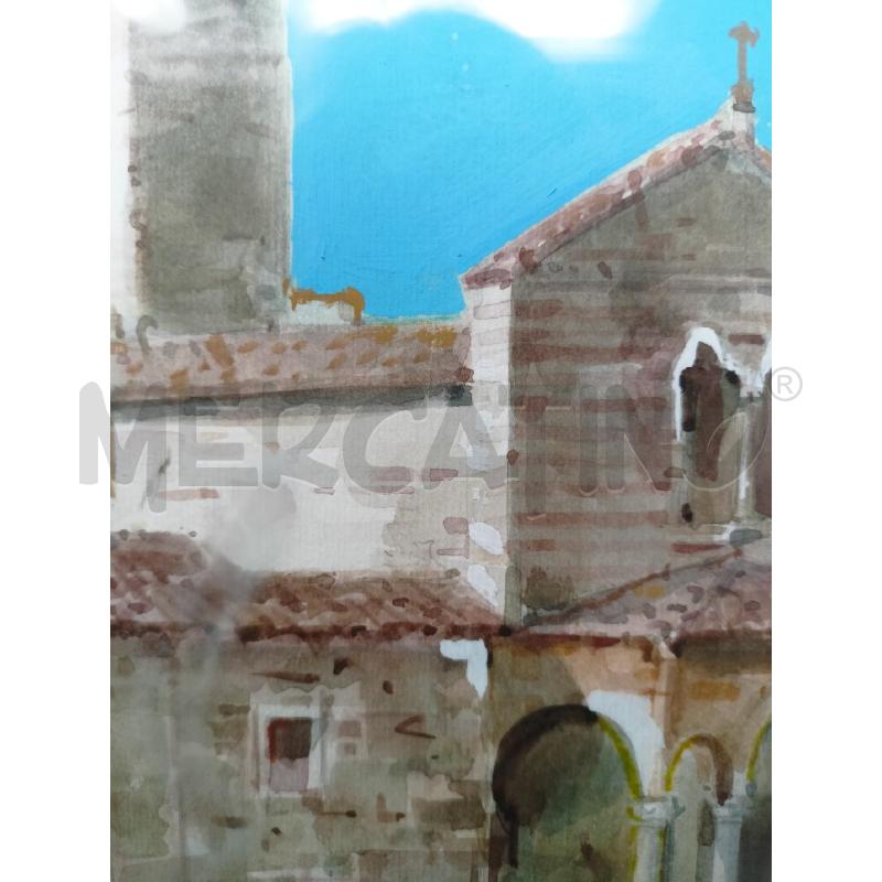 QUADRO ACQUERELLO CHIESA TORRE CORNICE LEGNO VERDE  | Mercatino dell'Usato Roma re di roma 3