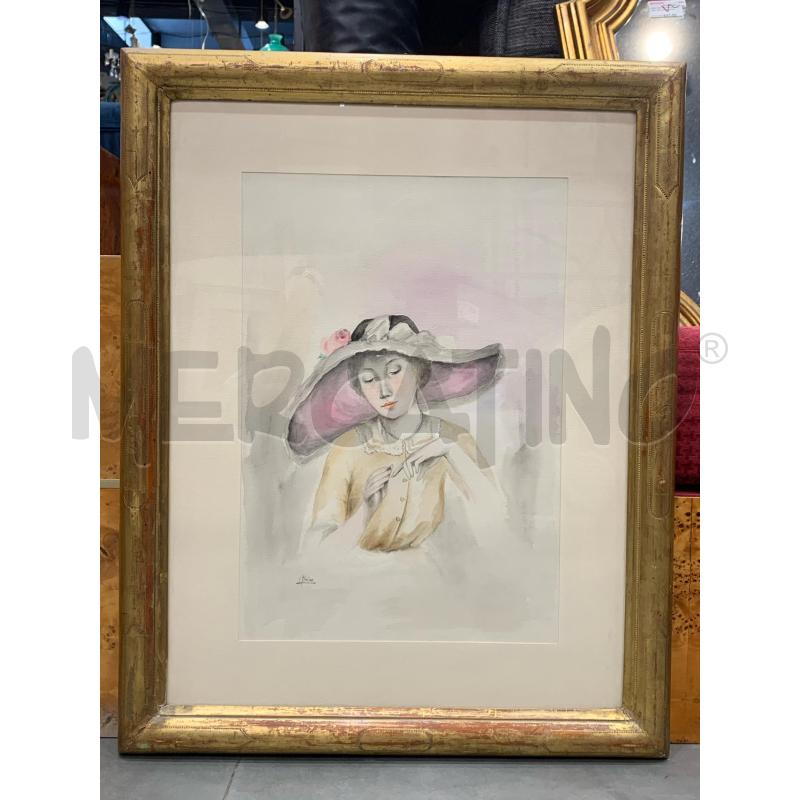QUADRO ACQUERELLO DONNA CON CAPPELLO CORN DORAT | Mercatino dell'Usato Roma re di roma 1