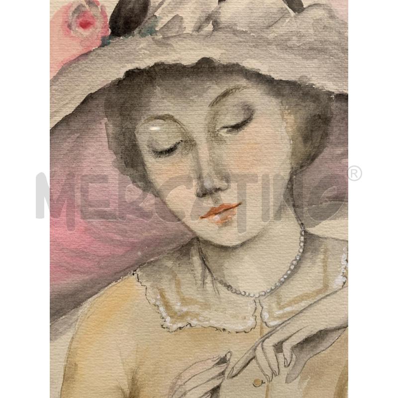 QUADRO ACQUERELLO DONNA CON CAPPELLO CORN DORAT | Mercatino dell'Usato Roma re di roma 3
