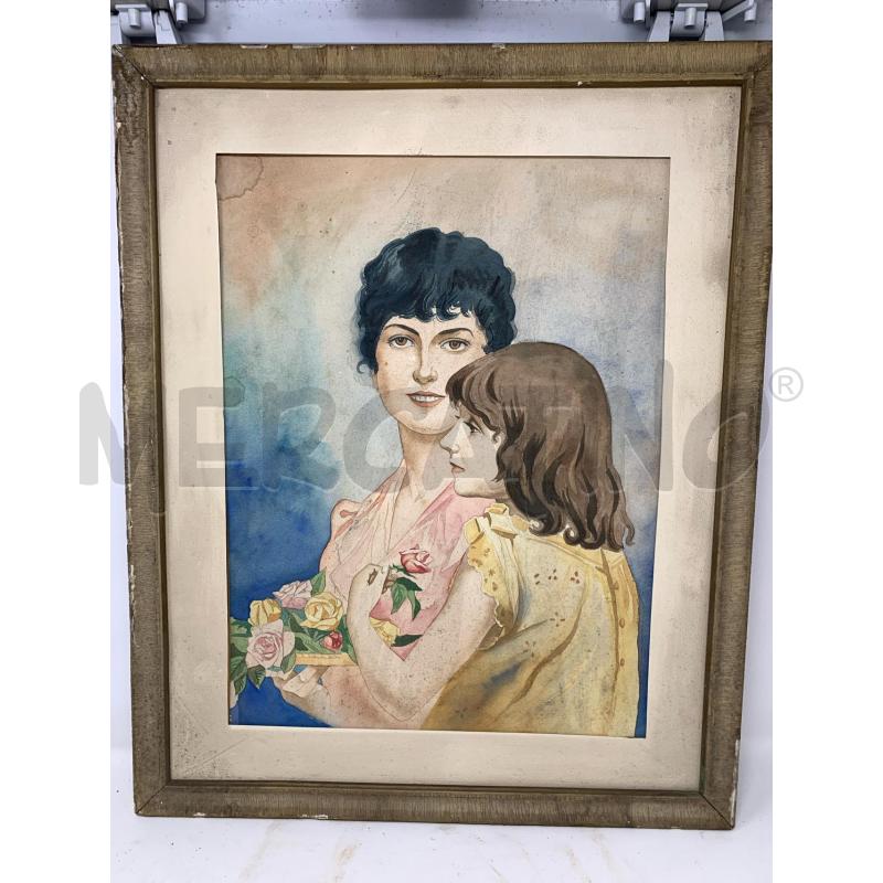 QUADRO ACQUERELLO MAMMA E FIGLIA CON FIORI  | Mercatino dell'Usato Roma re di roma 1
