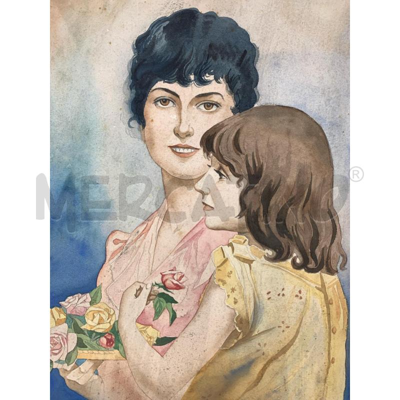 QUADRO ACQUERELLO MAMMA E FIGLIA CON FIORI  | Mercatino dell'Usato Roma re di roma 2