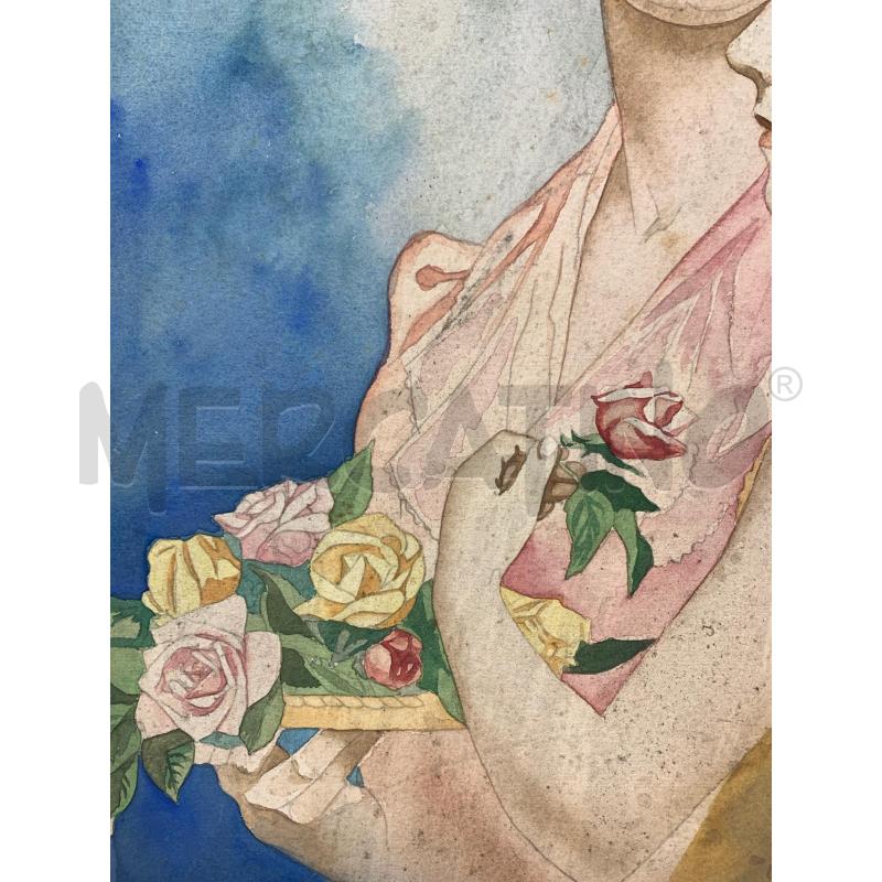 QUADRO ACQUERELLO MAMMA E FIGLIA CON FIORI  | Mercatino dell'Usato Roma re di roma 3