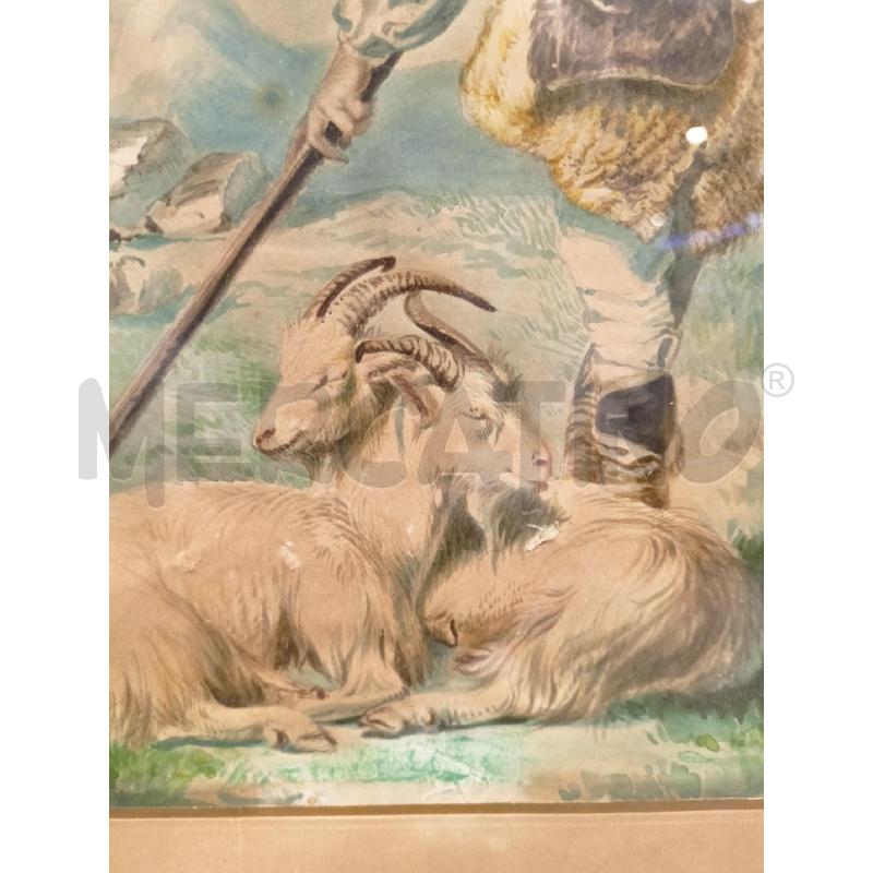 QUADRO ACQUERELLO PASTORE CAPRE BASTONE DIF CORNICE LEGNO DORATO | Mercatino dell'Usato Roma re di roma 3