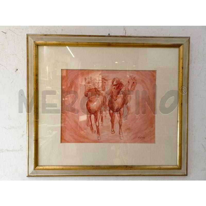 QUADRO ACQUERELLO TONI ARANCIONI 4 CAVALLI FORNTALI PASPARTU BIANCO  | Mercatino dell'Usato Roma re di roma 1