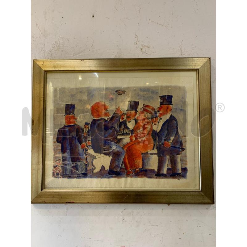 QUADRO ACQUERELLO UOMINI BORGHESI TAVOLA CORNICE LEGNO SILVER  | Mercatino dell'Usato Roma re di roma 1