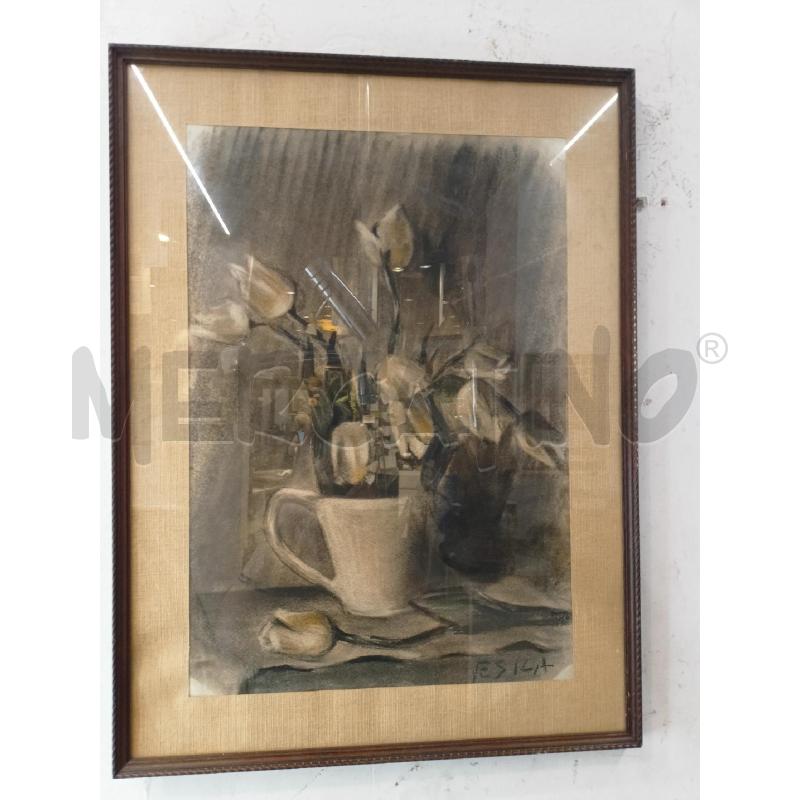 QUADRO CARBONCINO TAZZA FIORI BIANCHI CORN LEGNO | Mercatino dell'Usato Roma re di roma 1