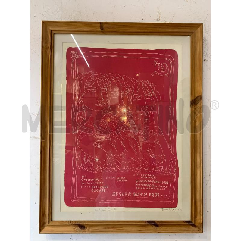 QUADRO LITOGRAFIA 3 DONNE SFONDO ROSSO AUGURI BUON 1971 | Mercatino dell'Usato Roma re di roma 1