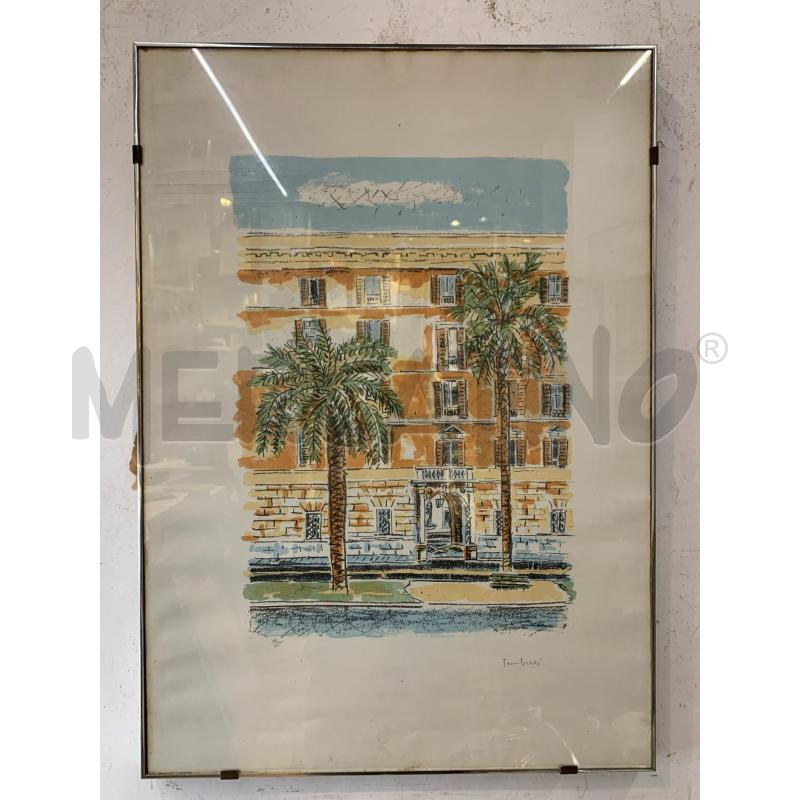 QUADRO LITOGRAFIA PALME PALAZZI ARANCIONI CORNICE METALLO SILVER | Mercatino dell'Usato Roma re di roma 1