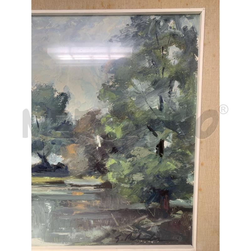 QUADRO OLIO CARTONE SPATO RIVA LAGO ALBERI CORNICE LEGNO | Mercatino dell'Usato Roma re di roma 2