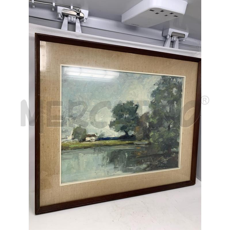 QUADRO OLIO CARTONE SPATO RIVA LAGO ALBERI CORNICE LEGNO | Mercatino dell'Usato Roma re di roma 3